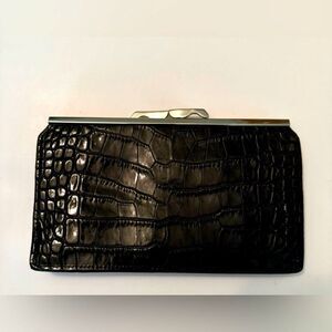 [Abas] Embossed Black Leather Clutch Wallet w/ Silver Hardware